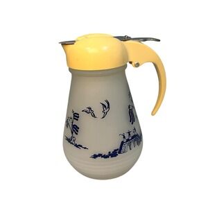 Vtg Blue Willow Frosted Glass Syrup Dispenser Yellow Lid MCM Kitchen